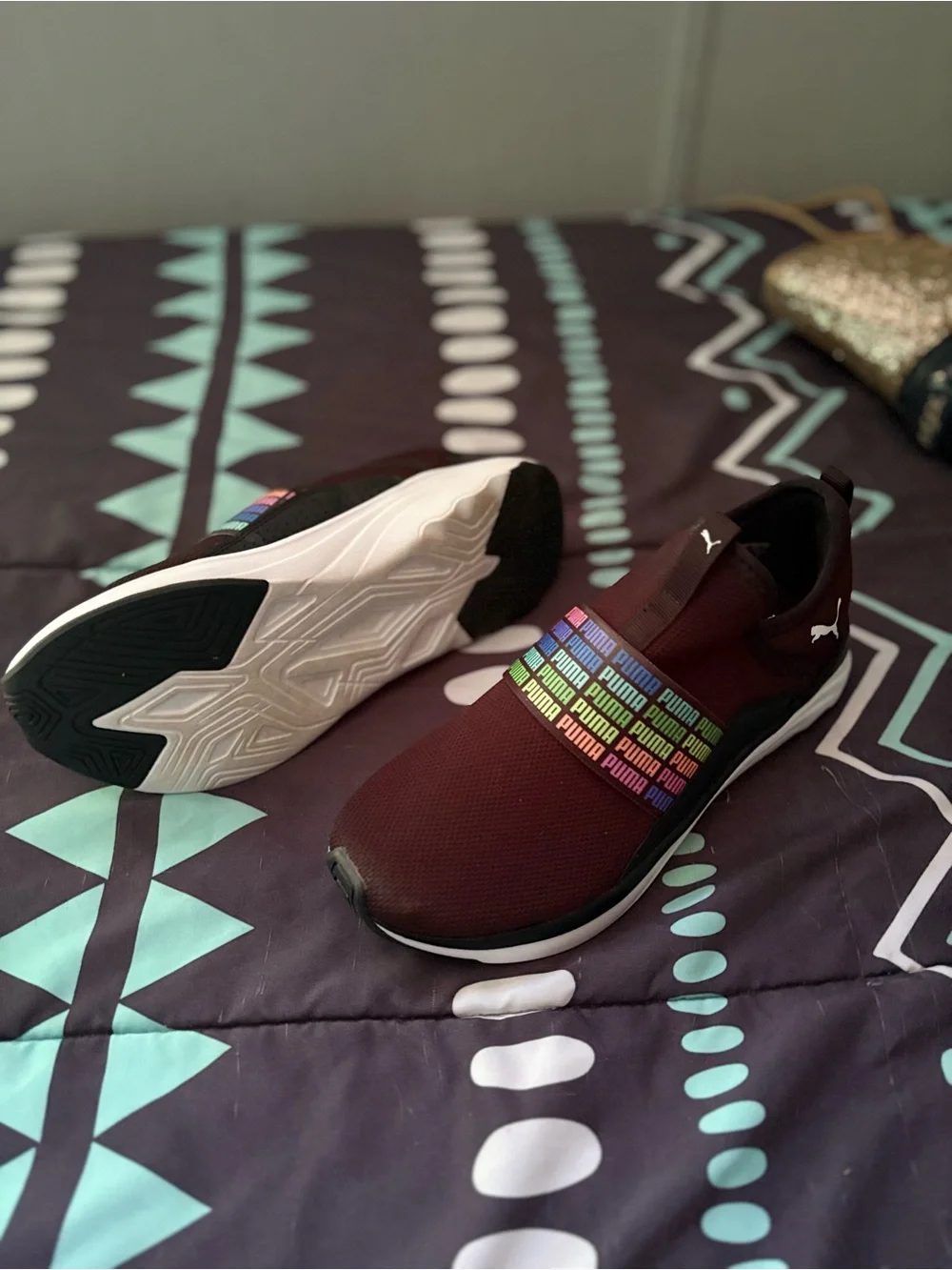 Puma Maroon Slip-On Sneakers with Rainbow Logo Strap